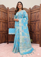 Demesne Sky Banarasi Dola Silk Saree With Scintillating Blouse Piece