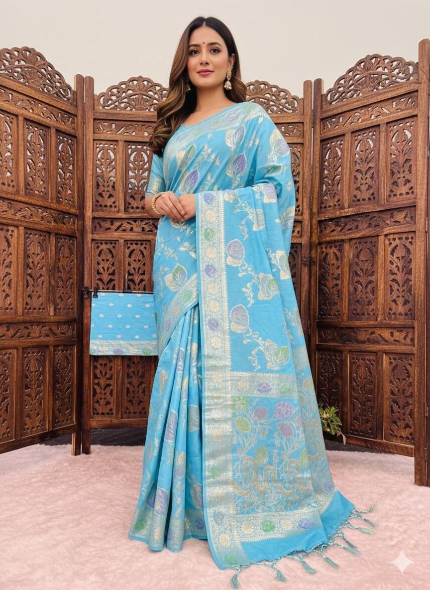 Demesne Sky Banarasi Dola Silk Saree With Scintillating Blouse Piece