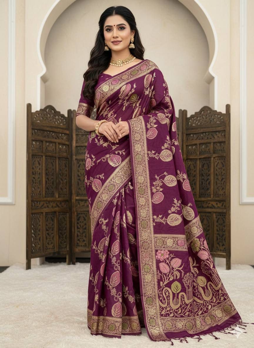 Susurrous Wine Banarasi Dola Silk Saree With Lassitude Blouse Piece