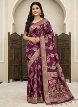 Susurrous Wine Banarasi Dola Silk Saree With Lassitude Blouse Piece
