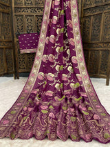 Susurrous Wine Banarasi Dola Silk Saree With Lassitude Blouse Piece
