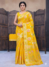 Classy Yellow Banarasi Dola Silk Saree With Bewitching Blouse Piece