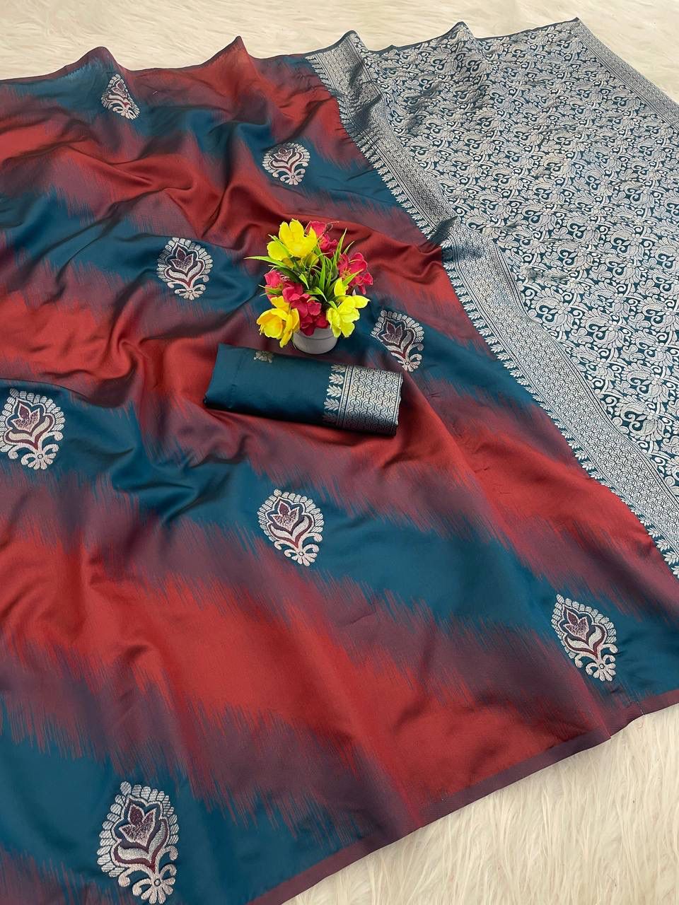 Embellished Blue Soft Silk Saree With Embrocation Blouse Piece