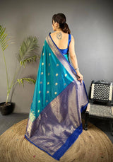 Sumptuous Rama Pure Zari Weaving Banarasi Silk Saree With Stunning Blouse Piece