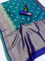 Sumptuous Rama Pure Zari Weaving Banarasi Silk Saree With Stunning Blouse Piece