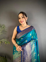 Sumptuous Rama Pure Zari Weaving Banarasi Silk Saree With Stunning Blouse Piece