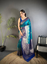 Sumptuous Rama Pure Zari Weaving Banarasi Silk Saree With Stunning Blouse Piece