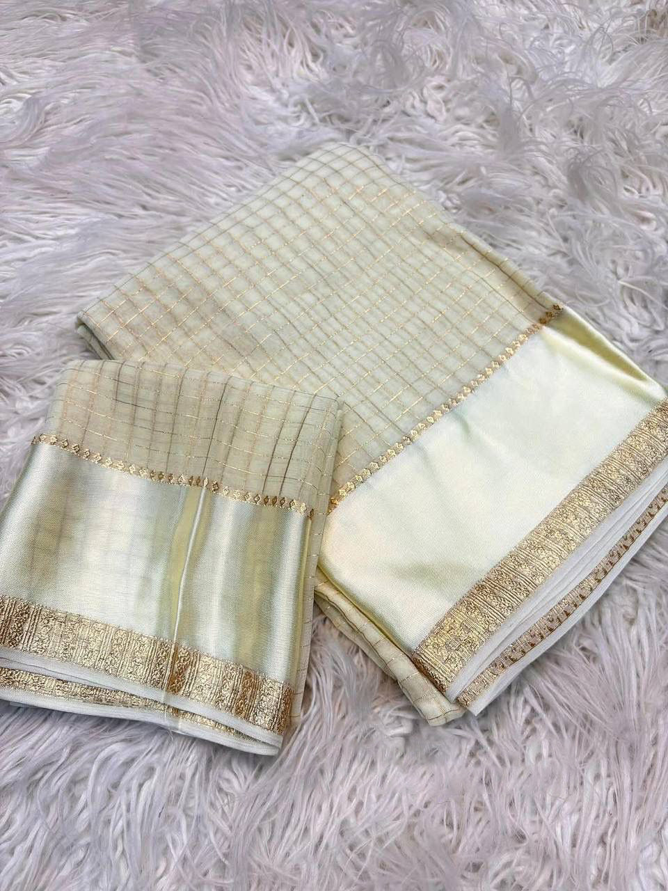 Ethnic Off White Banarasi Viscose Silk Saree With Charismatic Blouse Piece