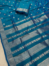 Ratatouille Rama Pure Zari Weaving Banarasi Silk Saree With Ethereal Blouse Piece