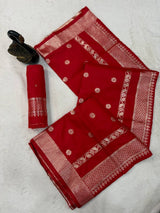 Lustrous Red Pure Zari Weaving Banarasi Silk Saree With Resplendent Blouse Piece