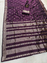 Glamorous Wine Pure Zari Weaving Banarasi Silk Saree With Pretty Blouse Piece