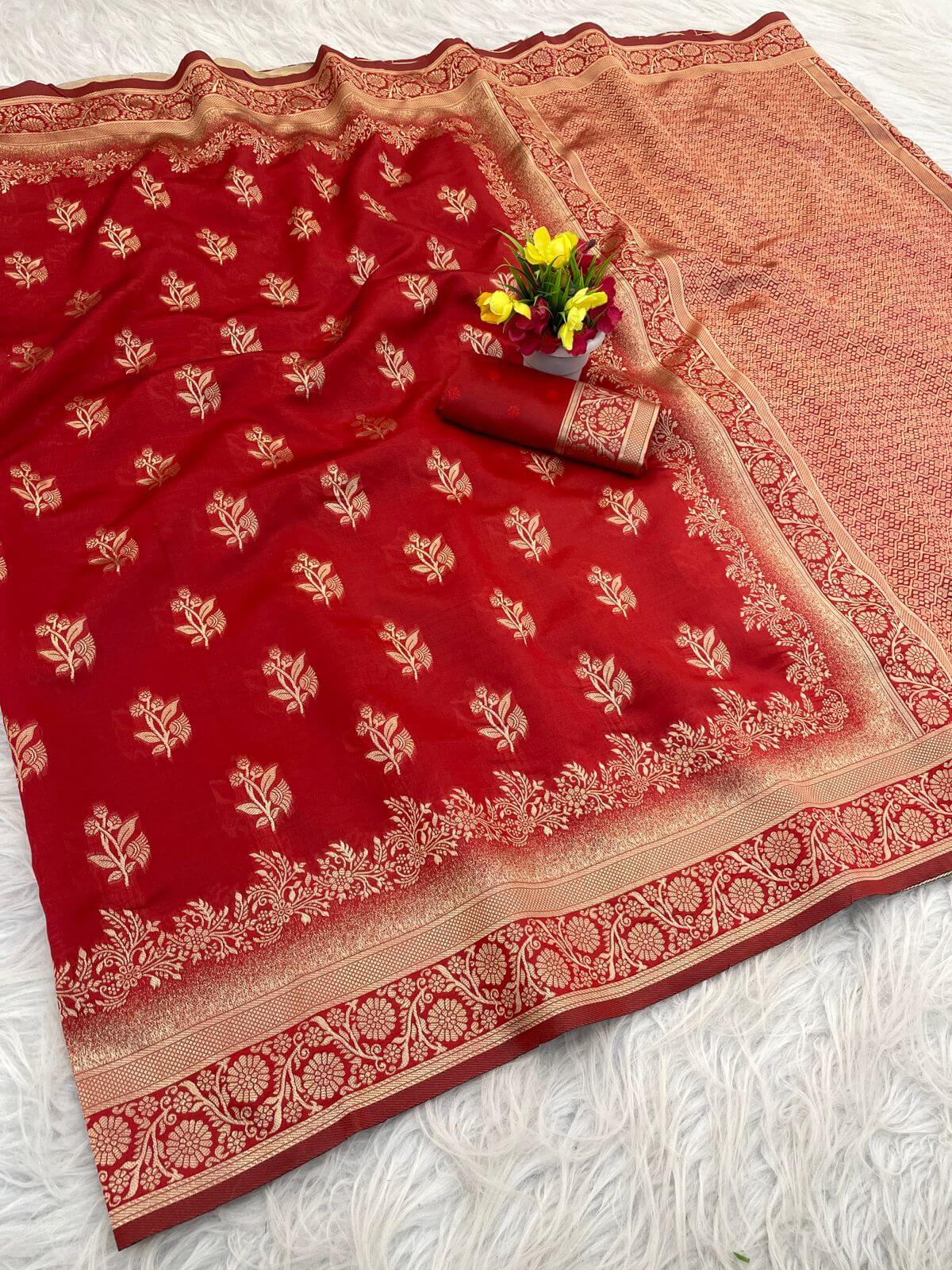 Flamboyant Red Soft Silk Saree With Zephyr Blouse Piece