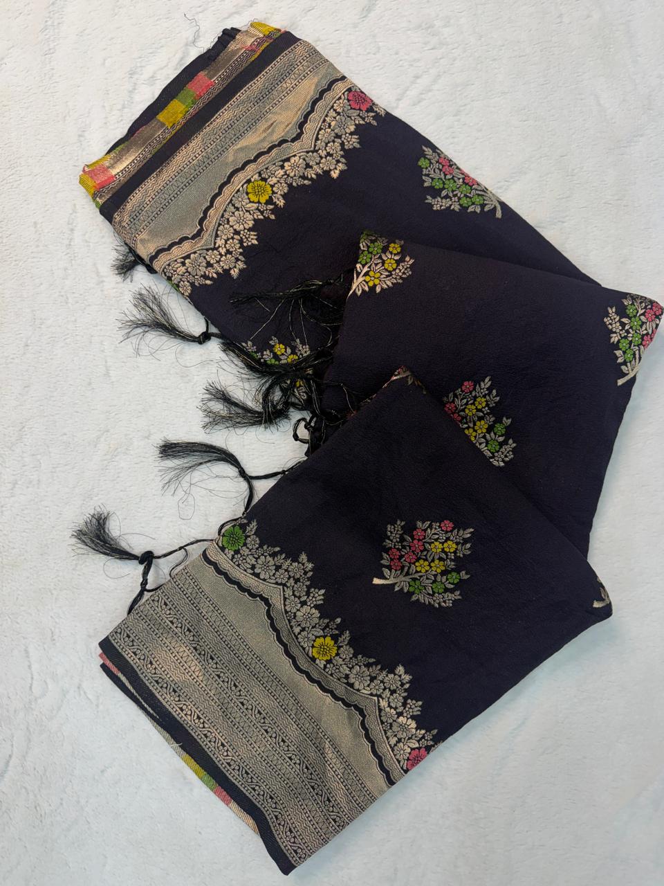 Fantabulous Black Banarasi Georgette Silk Saree With Extraordinary Blouse Piece
