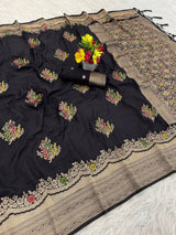 Fantabulous Black Banarasi Georgette Silk Saree With Extraordinary Blouse Piece