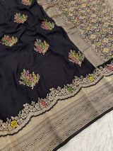 Fantabulous Black Banarasi Georgette Silk Saree With Extraordinary Blouse Piece