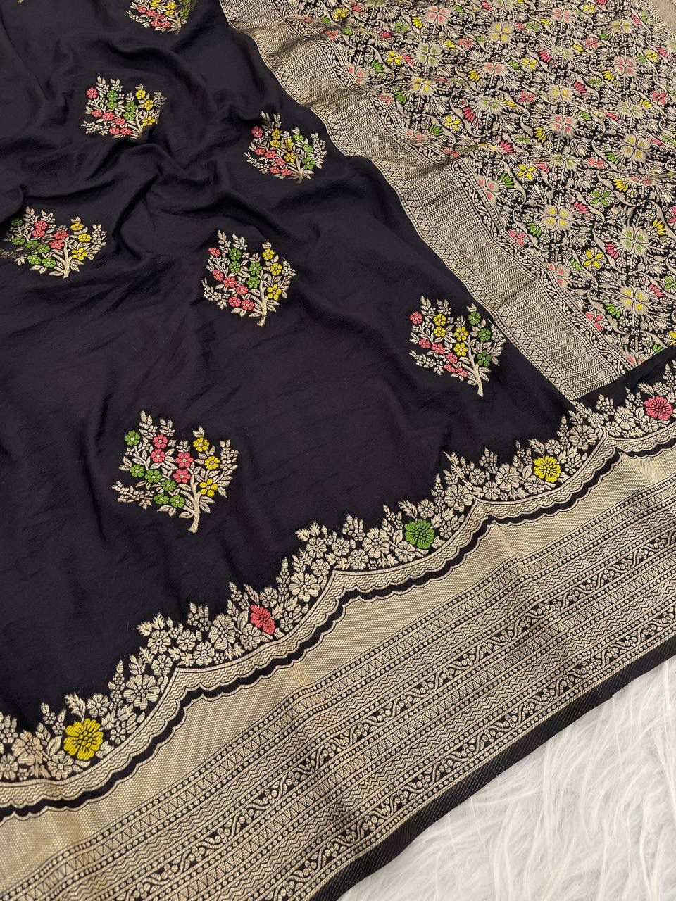 Fantabulous Black Banarasi Georgette Silk Saree With Extraordinary Blouse Piece