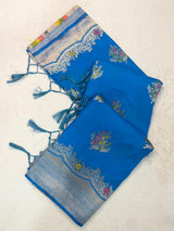 Eclat Blue Banarasi Georgette Silk Saree With Fragrant Blouse Piece