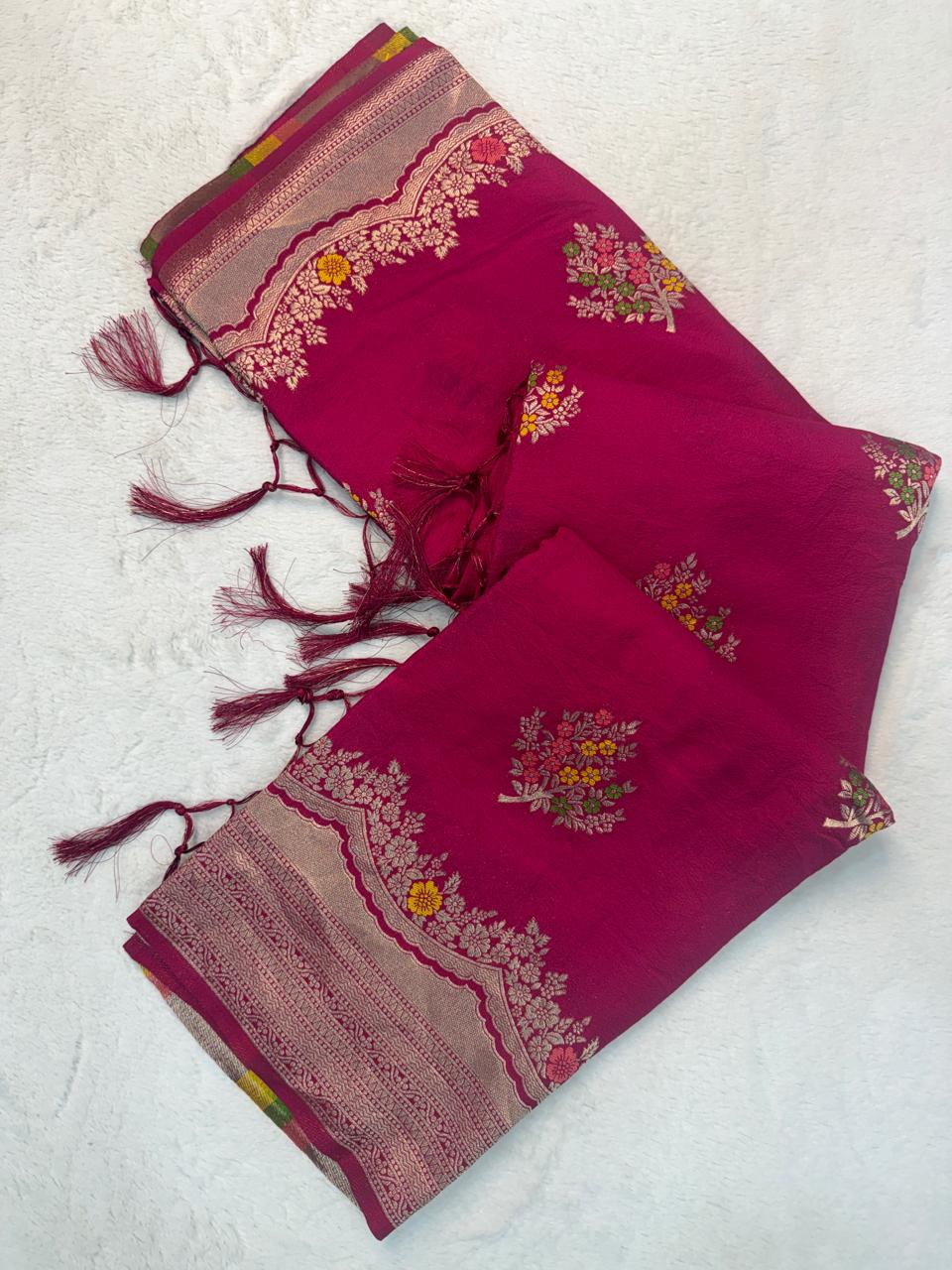 Engrossing Dark Pink Banarasi Georgette Silk Saree With Symmetrical Blouse Piece
