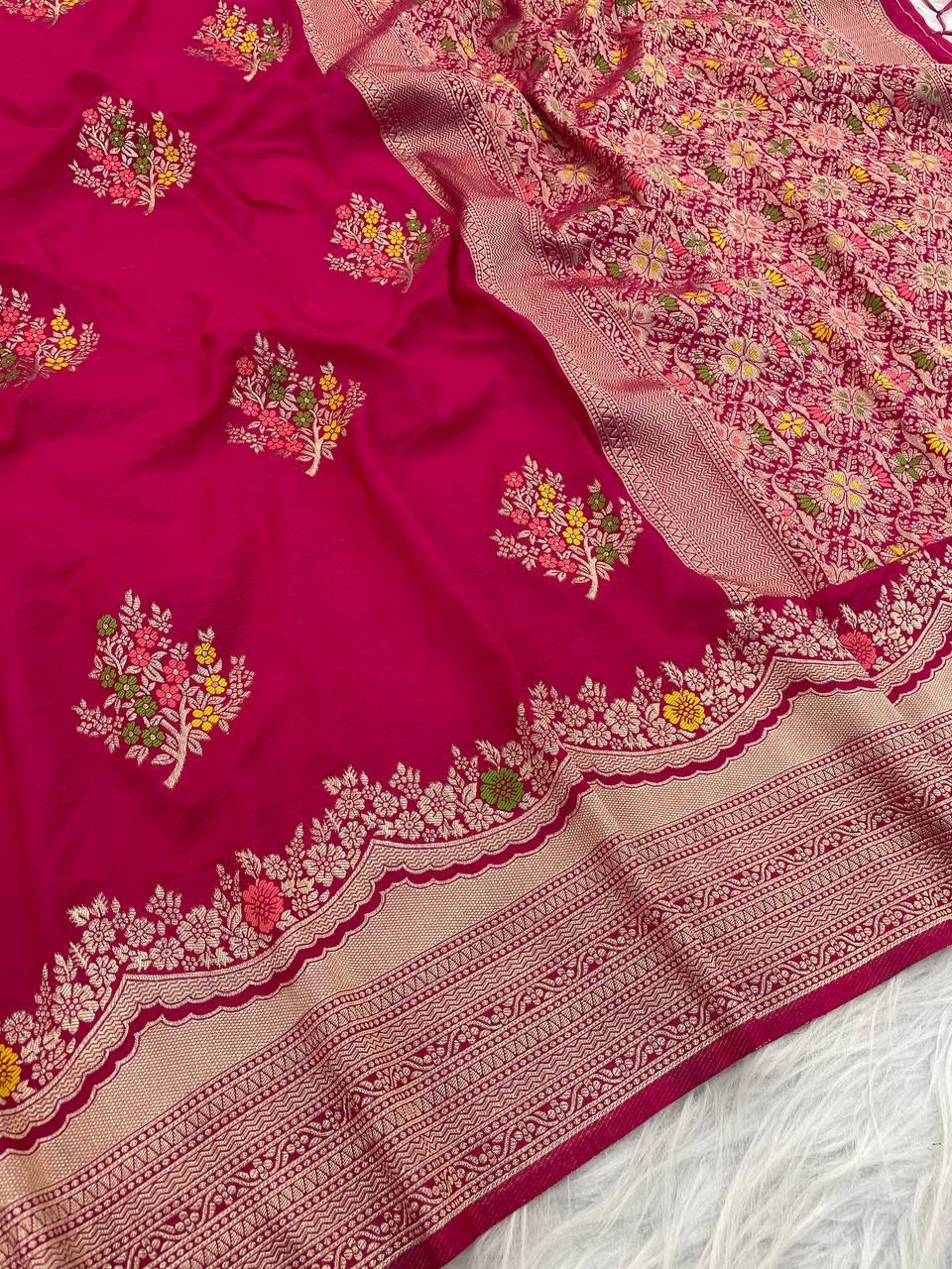 Engrossing Dark Pink Banarasi Georgette Silk Saree With Symmetrical Blouse Piece