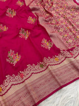 Engrossing Dark Pink Banarasi Georgette Silk Saree With Symmetrical Blouse Piece