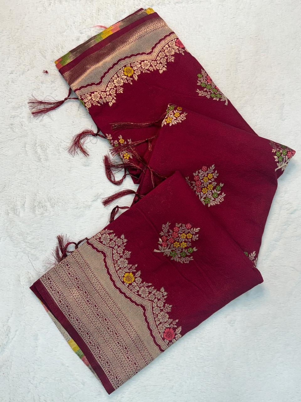 Charming Maroon Banarasi Georgette Silk Saree With Panoply Blouse Piece