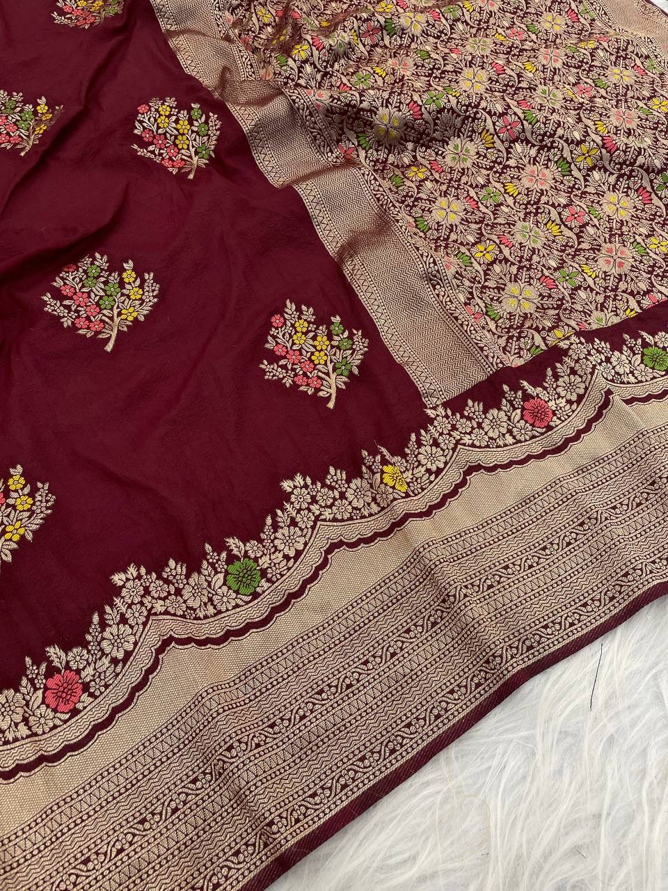 Charming Maroon Banarasi Georgette Silk Saree With Panoply Blouse Piece