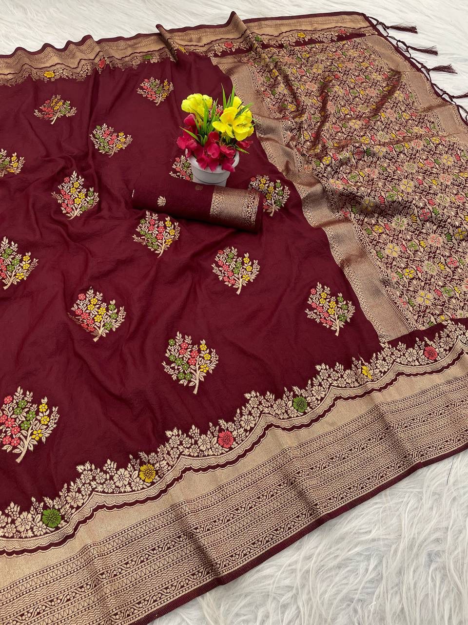 Charming Maroon Banarasi Georgette Silk Saree With Panoply Blouse Piece