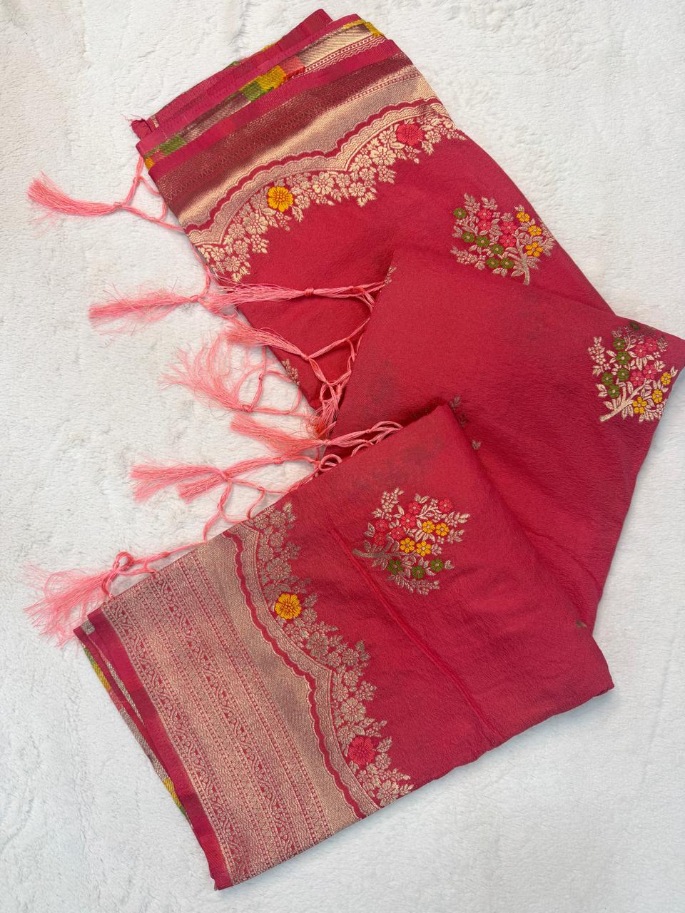 Fugacious Pink Banarasi Georgette Silk Saree With Nectarous Blouse Piece