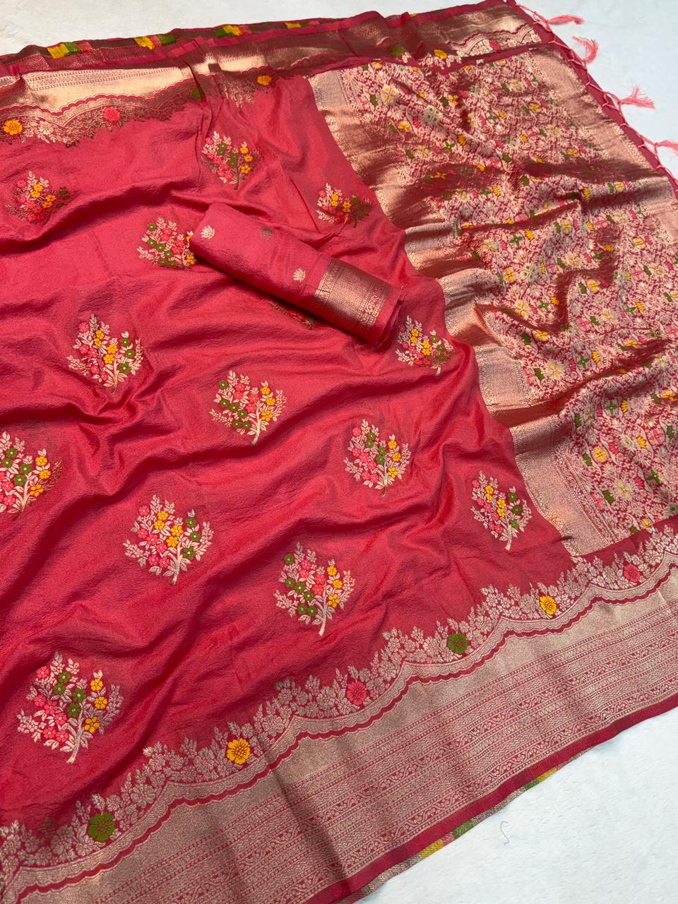 Fugacious Pink Banarasi Georgette Silk Saree With Nectarous Blouse Piece