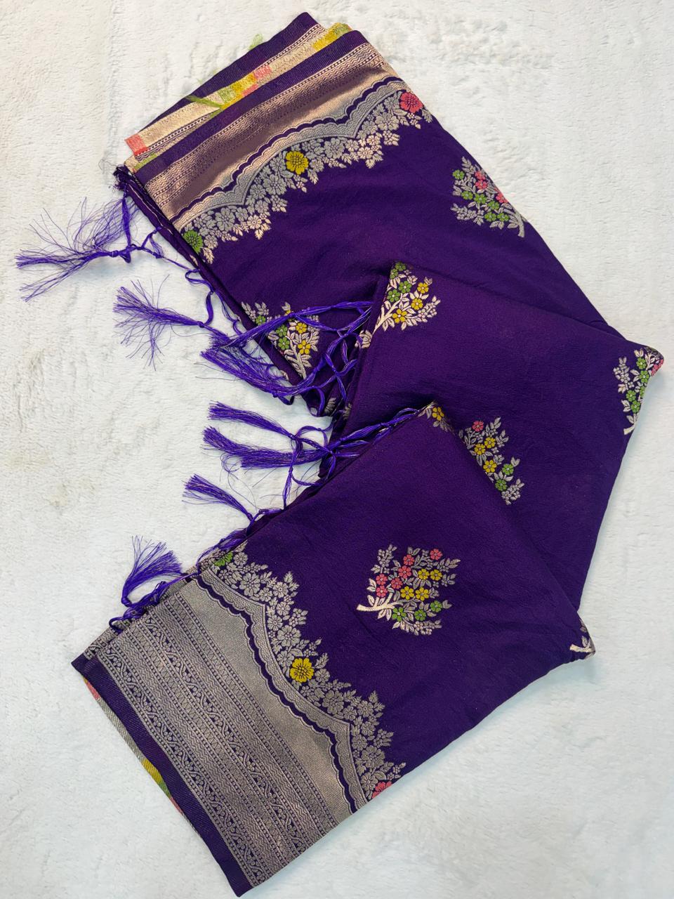 Seraglio Purple Banarasi Georgette Silk Saree With Groovy Blouse Piece