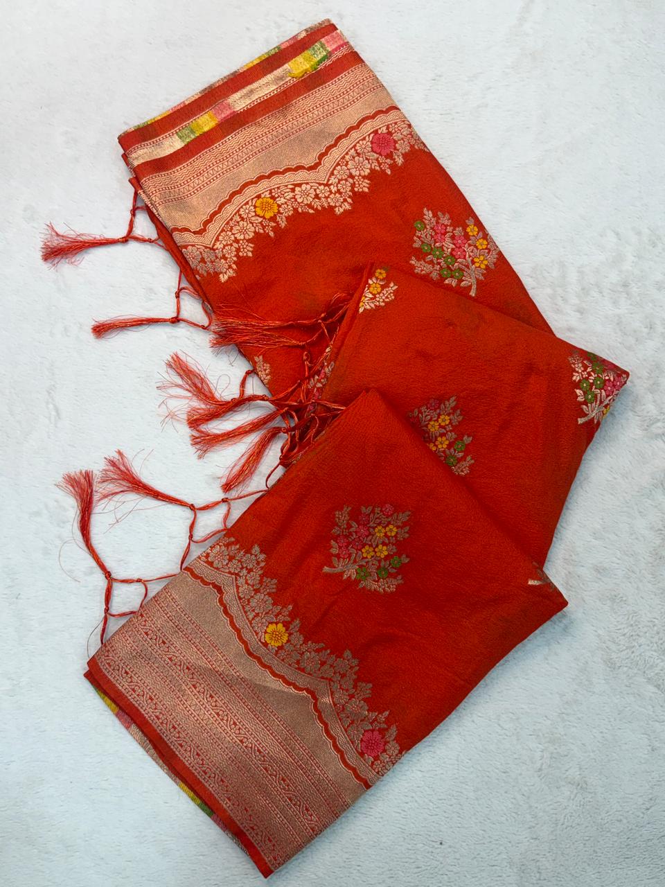 Glittering Red Banarasi Georgette Silk Saree With Murmurous Blouse Piece