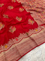 Glittering Red Banarasi Georgette Silk Saree With Murmurous Blouse Piece