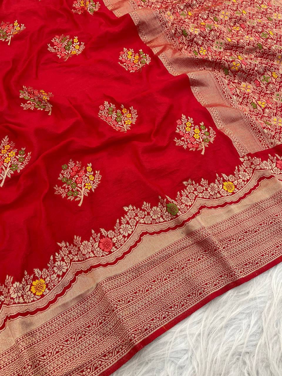 Glittering Red Banarasi Georgette Silk Saree With Murmurous Blouse Piece