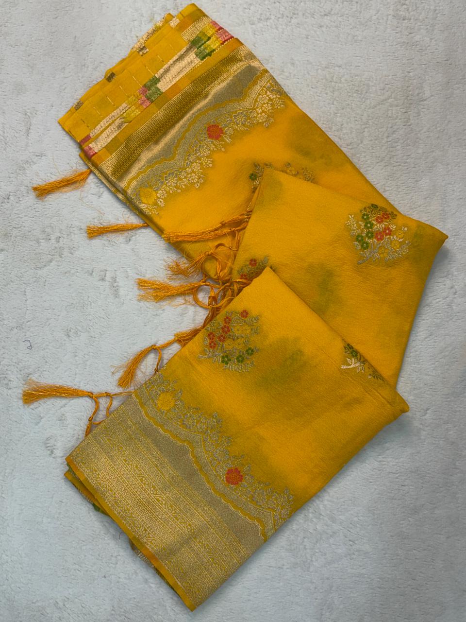 Breathtaking Yellow Banarasi Georgette Silk Saree With Gossamer Blouse Piece