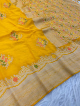 Breathtaking Yellow Banarasi Georgette Silk Saree With Gossamer Blouse Piece