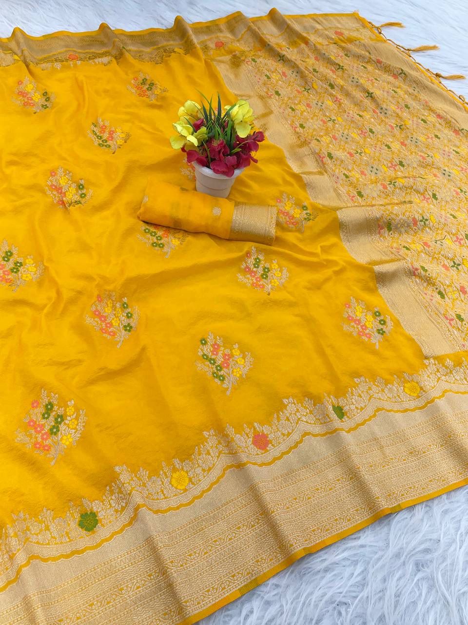 Breathtaking Yellow Banarasi Georgette Silk Saree With Gossamer Blouse Piece