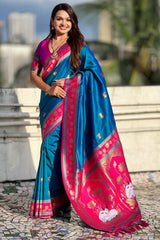 Stylish Blue Banarasi Pichwai Silk Saree With Surreptitious Blouse Piece