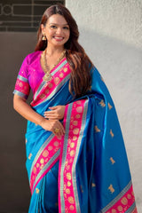 Stylish Blue Banarasi Pichwai Silk Saree With Surreptitious Blouse Piece