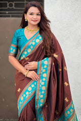 Exemplary Brown Banarasi Pichwai Silk Saree With Nectarous Blouse Piece