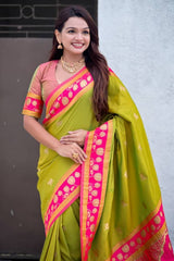 Adorning Mehndi Banarasi Pichwai Silk Saree With Pulsating Blouse Piece