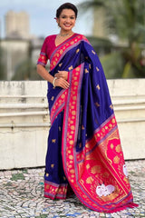 Fugacious Navy Blue Banarasi Pichwai Silk Saree With Brood Blouse Piece