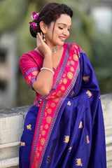 Fugacious Navy Blue Banarasi Pichwai Silk Saree With Brood Blouse Piece