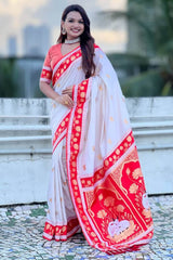 Panoply Off White Banarasi Pichwai Silk Saree With Imbrication Blouse Piece