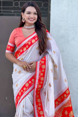 Panoply Off White Banarasi Pichwai Silk Saree With Imbrication Blouse Piece