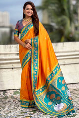 Majestic Orange Banarasi Pichwai Silk Saree With Grandiose Blouse Piece