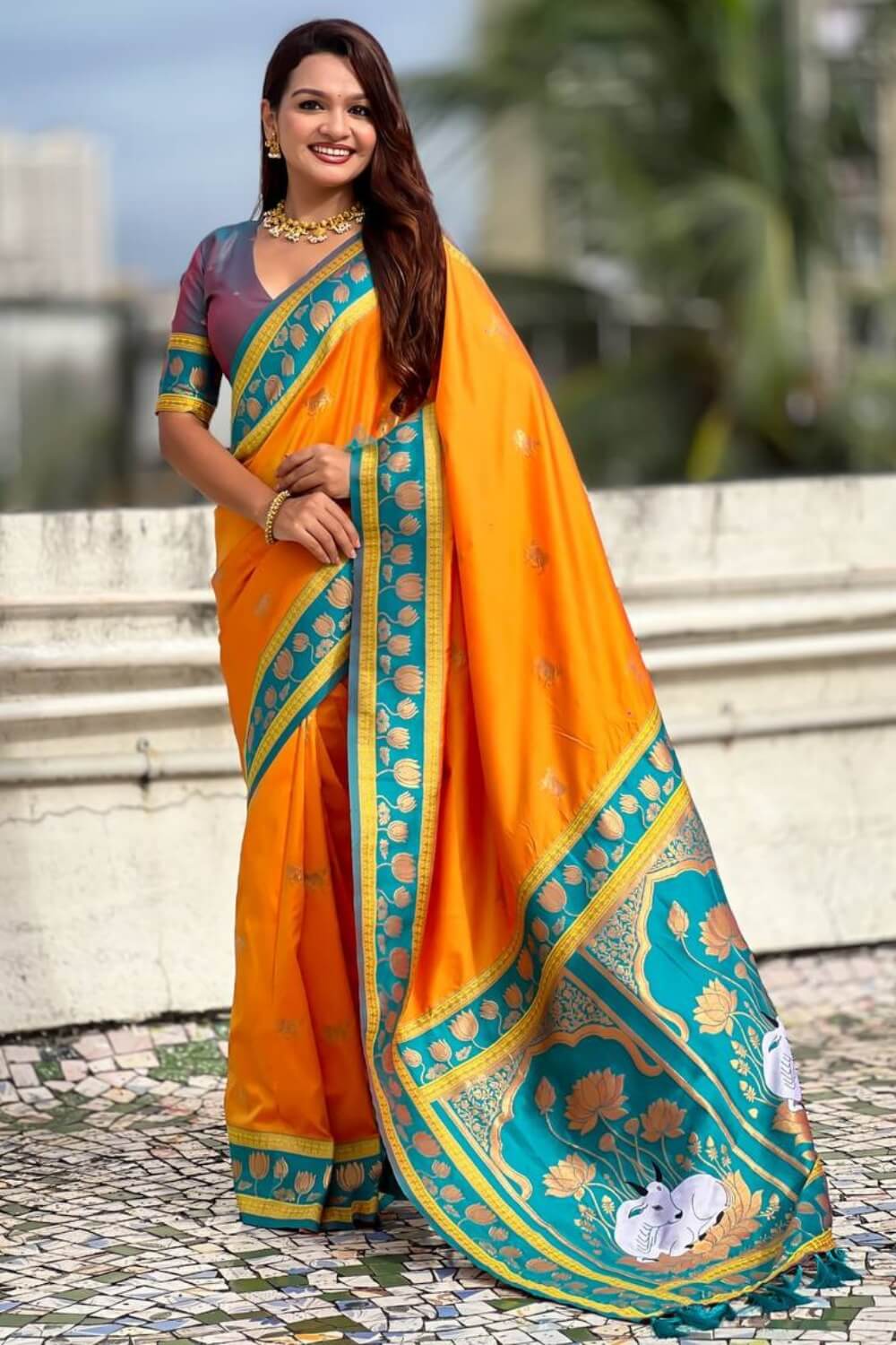 Majestic Orange Banarasi Pichwai Silk Saree With Grandiose Blouse Piece