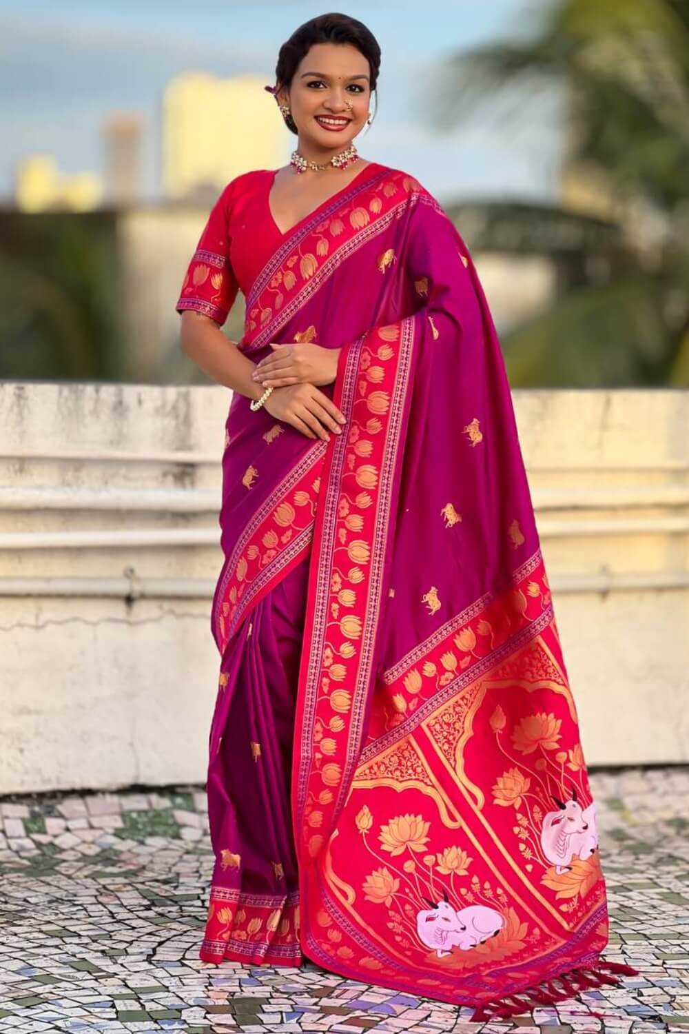 Surpassing Purple Banarasi Pichwai Silk Saree With Sensational Blouse Piece