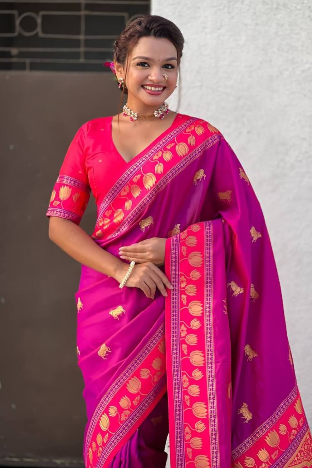 Surpassing Purple Banarasi Pichwai Silk Saree With Sensational Blouse Piece