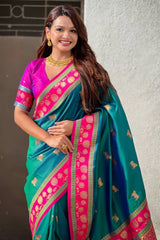 Conflate Rama Banarasi Pichwai Silk Saree With Jubilant Blouse Piece