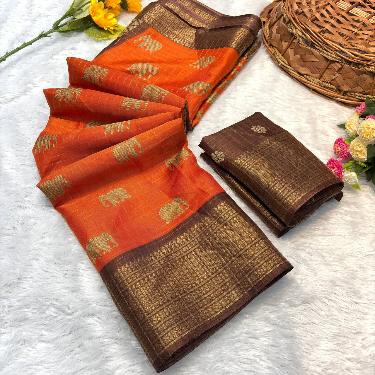 Scrumptious Orange Banarasi Dola Silk Saree With Glowing Blouse Piece